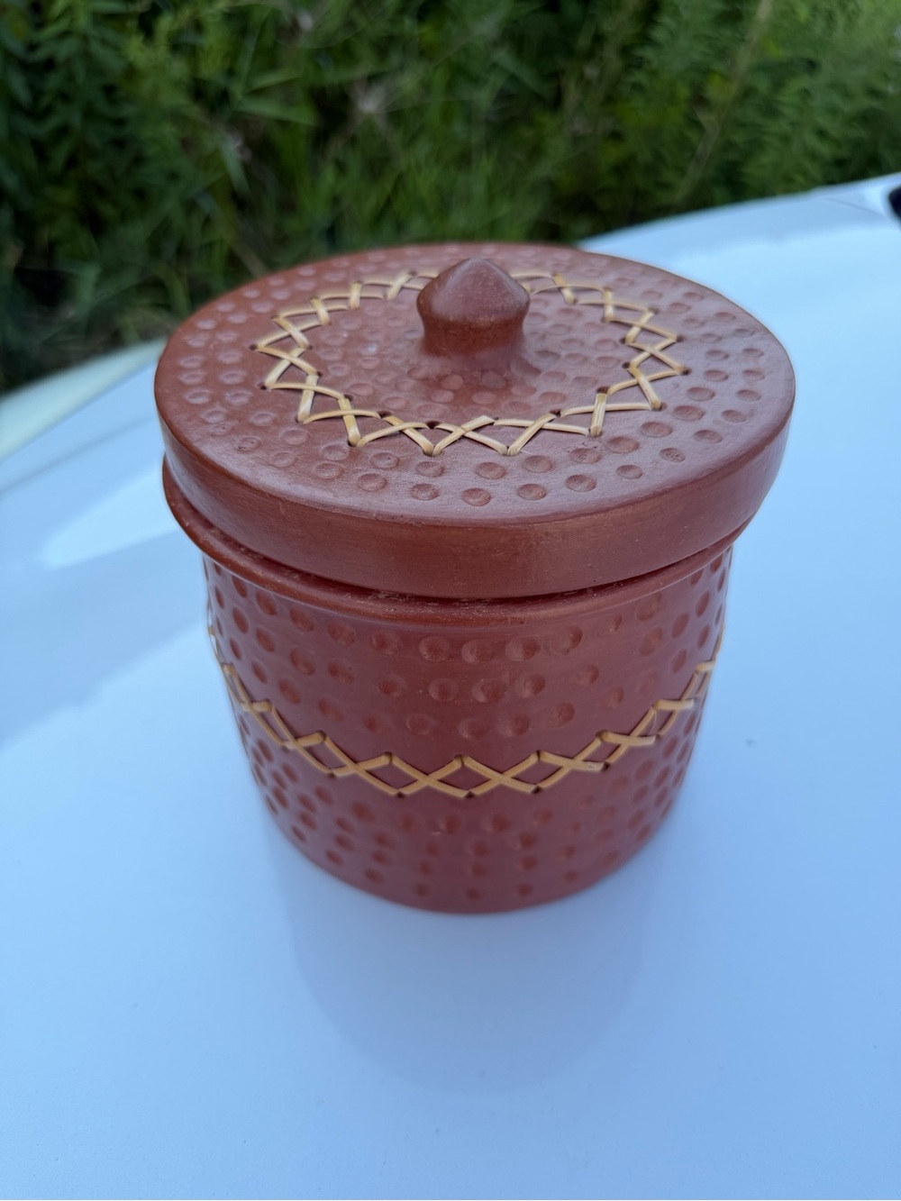Textured Terracotta Ceramic Jar with Lid - Brown